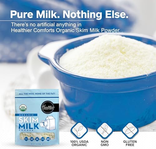 Healthier Comforts Organic Skim Milk Powder | Certified USDA Organic | Fat Free, Kosher, Gluten Free, Non-GMO, Shelf Stable | Perfect for Shakes, Smoothies, Coffee Creamer, Baking | Made in USA (7oz)