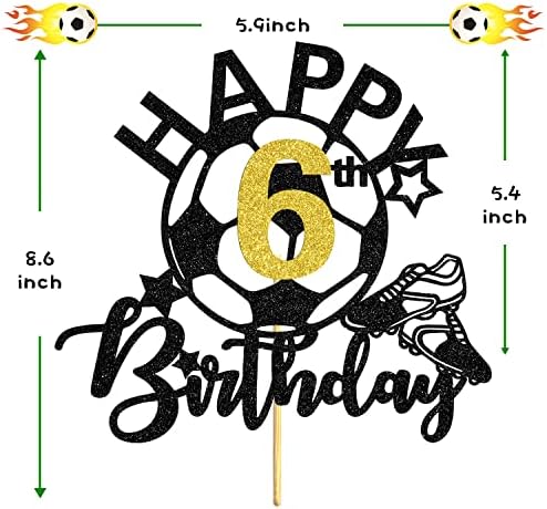 Glitter Soccer Happy 6th Birthday Cake Topper, Soccer Players Toys/Football Theme Party Cake Decorations, 6 Years Old Birthday Cake Ball Party Decorations Supplies for Boy Girl