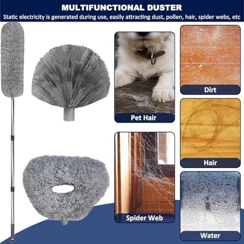 20+ Ft High Reach Ceiling Fan Duster & Cobweb & Corner Brush Duster with 3-14 ft Spliceable Pole Microfiber Feather Duster for Spider Web, High Ceiling, Blinds, Furniture Cleaning Tool Kit