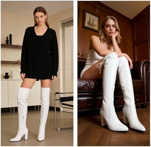Women's Thigh High Boots Over The Knee Boot Sexy Pointed Toe Chunky Heels Boots Zipper Lace Up Long Boots