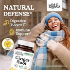 Wild & Organic Ginger Root Capsules 1200 mg - Immune & Digestive Support - Natural Ginger Supplements - Zingiber Officinale Powder - 30 Days of Supply - Vegan, No Fillers, Non-GMO - 60 Count