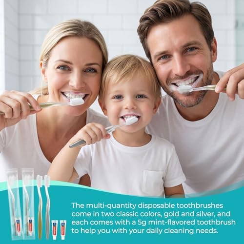 Disposable Toothbrushes with Toothpaste, Gold and Silver Toothbrush Disposable Bulk, Individually Packaged, Suitable for Hotels, Homes, Camping, and Travel (100-PACK)