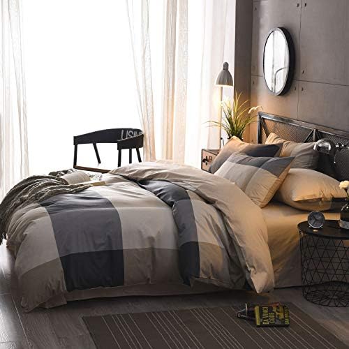 CottonLife Plaid Duvet Cover Twin, 100% Cotton Check Geometric Bedding 3pc Set, Retro Grey Hotel Quality Gingham Print Nordic Style, Reversible Solid Color with Zipper Closure, Ties (NO Comforter)