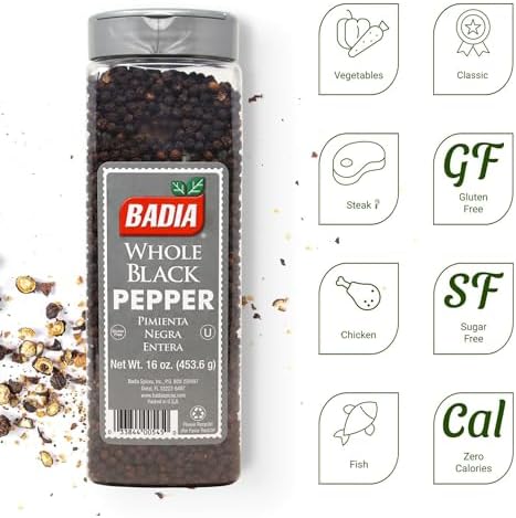 Badia Whole Black Pepper, 16 oz – Aromatic and Flavorful Peppercorns for Everyday Cooking