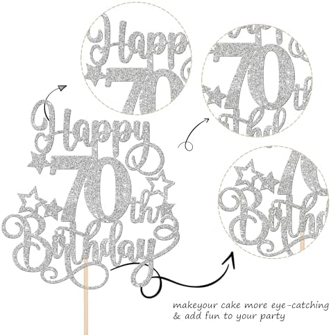 1 PCS Happy 70th Birthday Cake Topper Glitter Cheers to 70 Years Birthday Cake Pick Hello 70 Fabulous Cake Decoration for Happy 70th Birthday Anniversary Party Decorations Supplies Silver