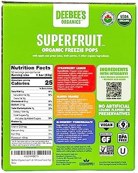 DeeBee's Organics Classic SuperFruit Freezie Pops, No Added Sugars, No Artificial Flavors or Colors (Pack of 50)