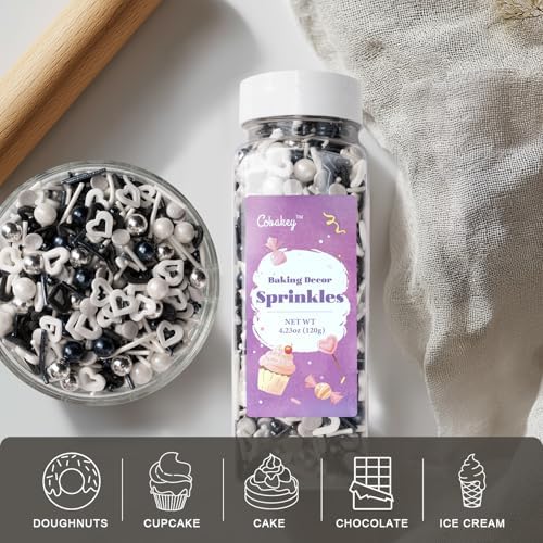 Black and White Heart Sprinkles for Cake Decorating 4.23ounce - Sugar Mix Contains Heart & Silver Pearl Sprinkles for Cupcake Toppers, Ice Cream, Candy, Cookie Decorations - Holiday Party Supplies