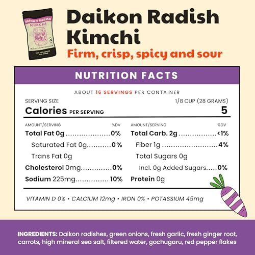 Olive My Pickle Fermented Kimchi - 16 Ounces | 1-Pack Bundle of Probiotic Daikon Radish Kimchi | Fresh & Flavorful Korean Food with Natural Probiotics for Gut Health - Perfect for Ramen & Spicy Noodles