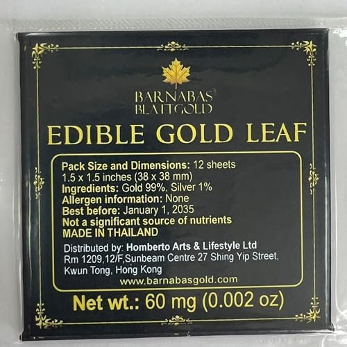 Barnabas Edible Gold Leaf 24K - Cake Decorations, Loose Gold Leaf Sheets for Cupcakes - 1.5 inches, Interleaf of 12