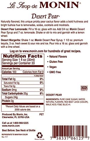 Monin - Desert Pear Syrup, Bold Flavor of Prickly Pear Cactus, Natural Flavors, Great for Iced Teas, Lemonades, Cocktails, Mocktails, and Sodas, Non-GMO, Gluten-Free (1 Liter)