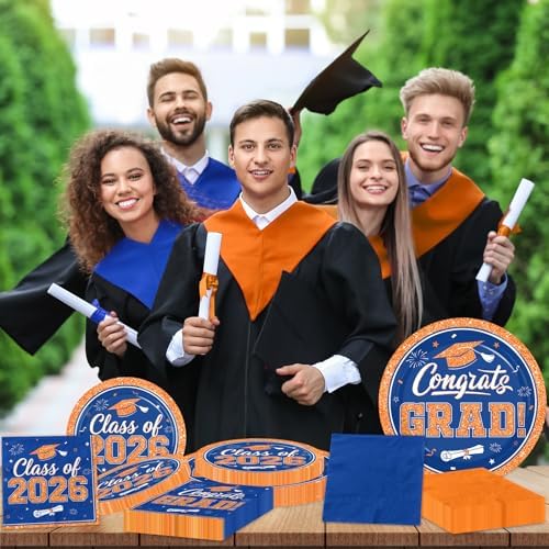 Graduation Plates and Napkins 2026,200pcs Orange and Blue Graduation Decorations 2026 Disposable Congrats Grad Paper Plates for Class Of 2026 Party Supplies,Serve 50