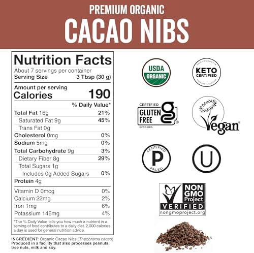 Viva Naturals Organic Cacao Nibs, Unsweetened, 8 oz (227 g), Keto Friendly, Vegan, Non-GMO, Gluten-Free Chocolate Chip Substitute