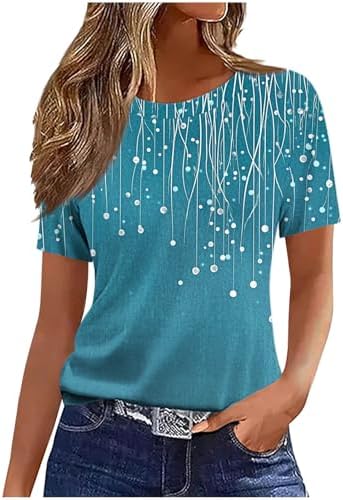 Womens Summer Tops Crew Neck Short Sleeve Printed T Shirts Dressy Casual Tees Blouses Loose Fit Holiday Outfits