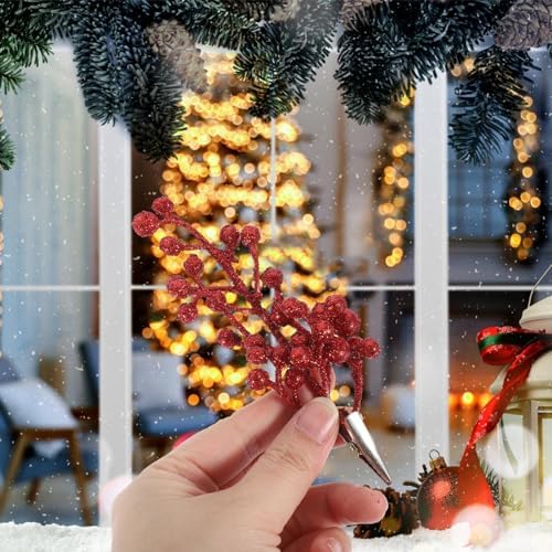 ABOOFAN 6pcs Glitter Artificial Berry Stems for Christmas Decorations Festive Xmas Tree Ornaments Easy to Install Holiday Decor for Weddings and Parties