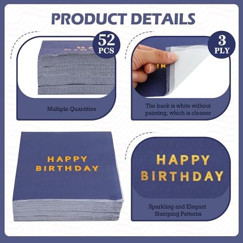Vuzvuv 52 Pack Gold Foil Happy Birthday Cocktail Napkins - Birthday Party Dinner Hand Napkin for Party Supplies Decorations Table Decor for women man(5" Folded 3 Ply-Deep Blue)