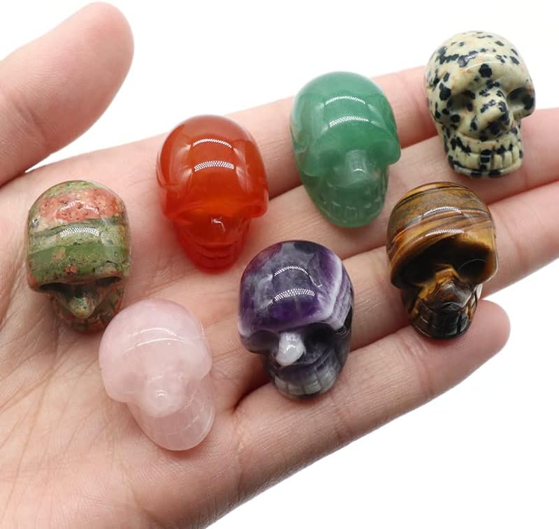 QSLLER 5PCS Natural Stones Crystal Skull Statue Amethyst Rose Quartz Stone Carved Energy Ore Mineral Healing Crystals Figurine Home Decor