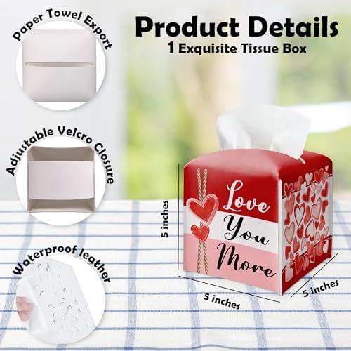 Valentine's Day Tissue Box Cover Square - Love You More - Valentines Party Decor Facial Paper Organizer Dispenser for Home Bathroom Vanity Countertop Nightstands Supplies & Decor - B05