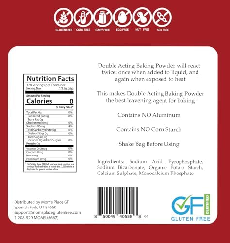 Mom's Place Gluten-Free Double Acting Baking Powder | Corn Free, Aluminum Free, Non-GMO | Perfect for Baking, 8oz Resealable Bag