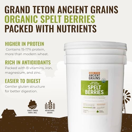 Grand Teton Ancient Grains - 100% Organic Spelt Berries, US-Grown Farro Organic Grain Spelt in 6 Gallon Super Pail for Long-Term Storage, 43 lbs