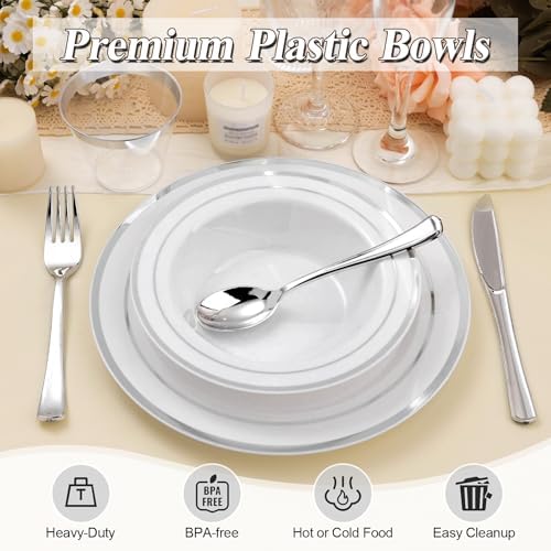 BESTSTAR 200 Pack Disposable Soup Bowls with Silver Rim, 12oz Premium Heavy Duty Plastic Dinner Bowls for Party, Wedding and Holiday