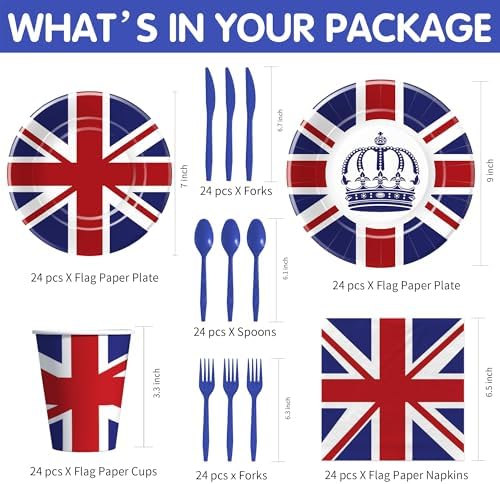 Britain UK England Flag Paper Plates And Napkins Set, Disposable British Flag Birthday Party Decorations Tableware, Plate, Napkin, Cup, Cutlery, Union Jack Party Decorations Favors | 24 Guest