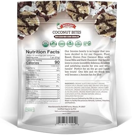 Jennies USDA Organic Coconut, Cacao Nibs and Dark Chocolate Bites, Raw, Plant-Based, Vegan, Certified Gluten Free, Non-GMO, Sulfite Free, OU Kosher, Individually Wrapped, (Cacao, 24 Ounce)