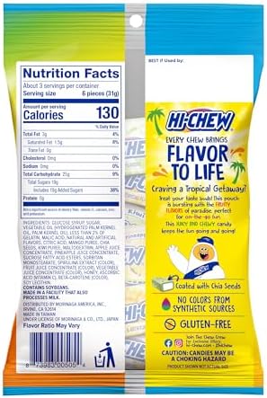 HI-CHEW Tropical Mix, 6 Bags, 3.53oz Each, Kiwi Pineapple Mango Taffy Candy