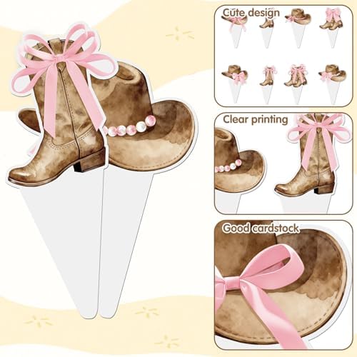48Pcs Women's Cowboy Boots and Hats with Pink Bow Cupcake Decorations, Cowgirl Cupcake Toppers Decorations Supplies, Pink Western Toppers Decor Supplies