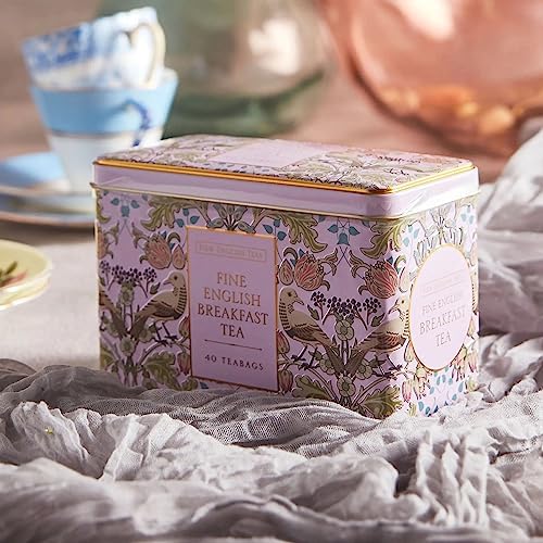 New English Teas Song Thrush and Berries Tea Tin in Pink with 40 English Breakfast Teabags