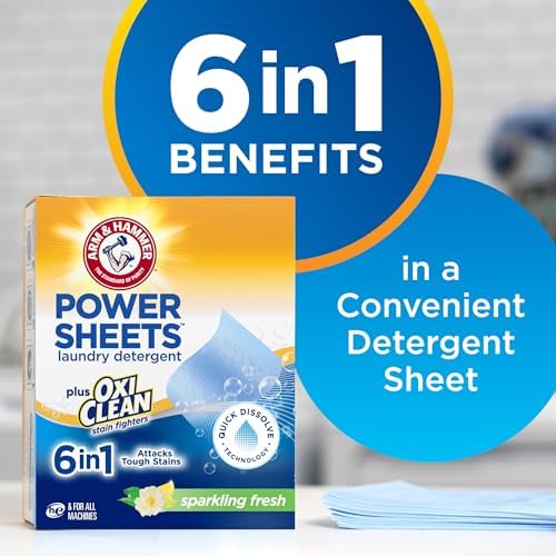 ARM & HAMMER Power Sheets Laundry Detergent Plus OxiClean Stain Fighters, 6in1, Sparkling Fresh Scent, 42 Count, 84 Medium Loads