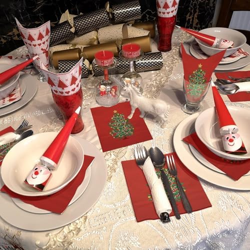 LeZakaa 50Pcs Christmas Tree Paper Napkins, Red Classic Evergreen Tree Design, 3-Ply Dinner Napkins Square Disposable Guest Paper for Christmas Party Dinner Table Décor, 6.5 x 6.5 In