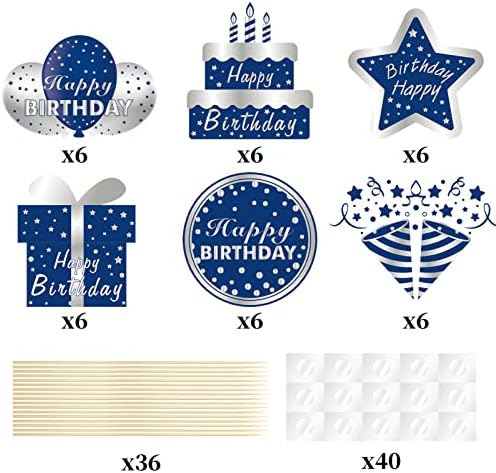 36Pcs Happy Birthday Cake Toppers Decorations for Men Boys, Blue Silver Cupcake Topper Decor for 10th 13th 16th 18th 21st 30th 40th 50th 60th Birthday Party Supplies