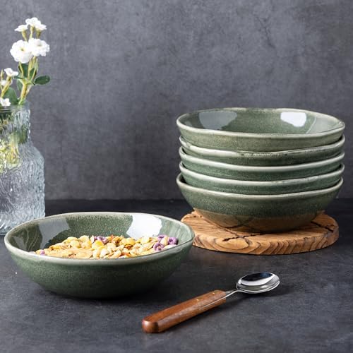 AmorArc Ceramic Cereal Bowls Set of 6, 24 oz Handmade Stoneware Bowls for Cereal Soup Salad Bread, Stylish Kitchen Bowls for Meal, Dishwasher & Microwave Safe-Jade Green