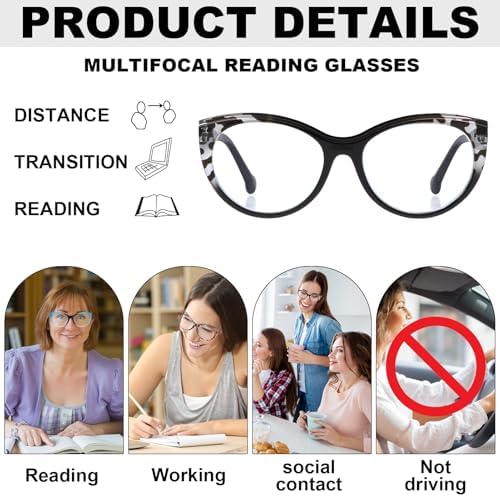 4 Pack Progressive Multifocus Reading Glasses, Anti Blue Light Cat Eye Computer Readers with Spring Hinge Eyeglasses