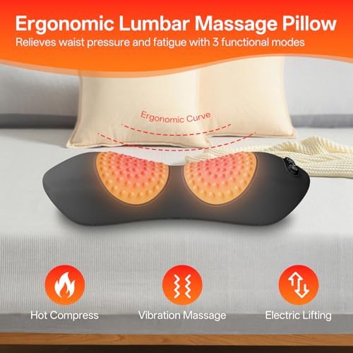 3-in-1 Electric Lumbar Support Pillow for Bed & Chair, Back Massager with Heated, Vibration and Traction, Triple Fusion Lower Back Support for Pain Relief and Relaxation - Dark Gray