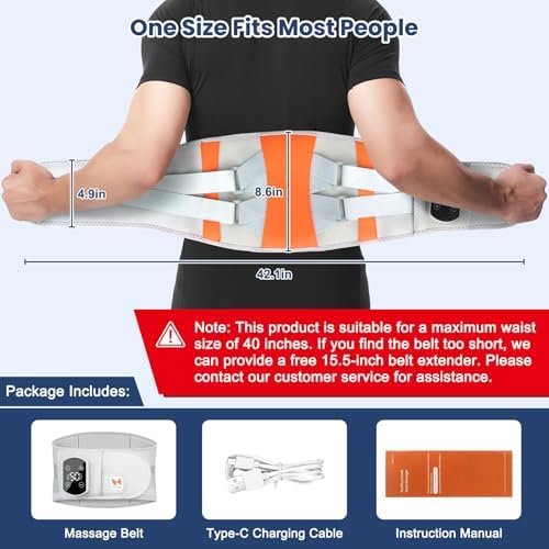 Cordless Heating Pad for Back Pain Relief, 40" Rechargeable Lumbar Massager with Heat, Adjustable Vibration & Heating Belt for Waist, Muscle Relaxation - Portable and Comfortable (Orange red)
