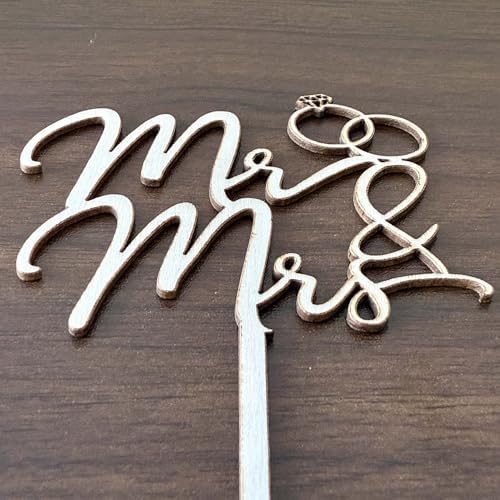 Woodware Mr & Mrs Wedding Cake Topper, Natural Wood, Script Style with Ring Design, Decorative Cake Ornament