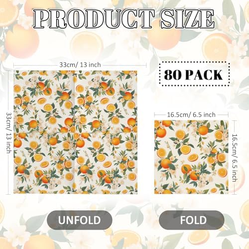 80 Pcs Citrus Napkins - Decorative Orange Citrus 6.5x6.5 Inch Disposable Paper Luncheon Napkins for Wedding, Birthday, Baby Shower, Fruit Party, Bathroom Hand Towels