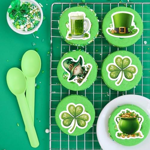 50 PCS Edible St. Patrick's Day Cake Toppers Wafer Paper Leprechaun Beer Shamrock Pot of Gold Cupcake Toppers Edible St. Patrick's Day Decorations for Irish Holiday Party Decor Supplies