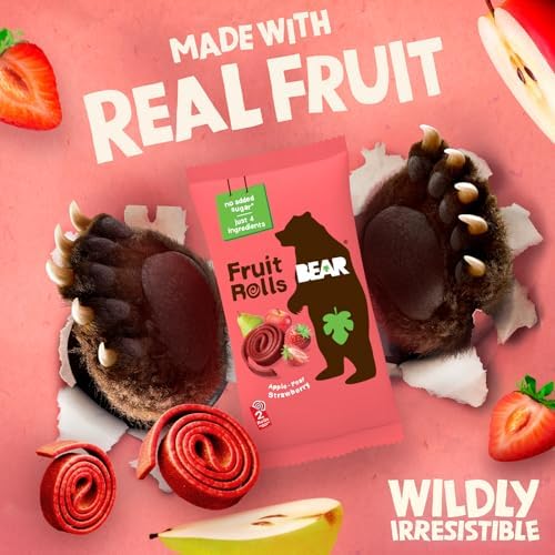 BEAR Real Fruit Snack Rolls - Gluten Free, Vegan, and Non-GMO - Strawberry – 36 Rolls, Healthy School And Lunch Snacks For Kids And Adults, 0.7 Ounce (Pack of 18)