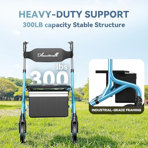 PLANET WALK Super Lightweight Rollator Walker for Seniors, Foldable Rolling Walker with Seat and 10" Rubber Front Wheels for All Terrain, Height Adjustable Backrest, Experience Comfort AnyWhere - Blue