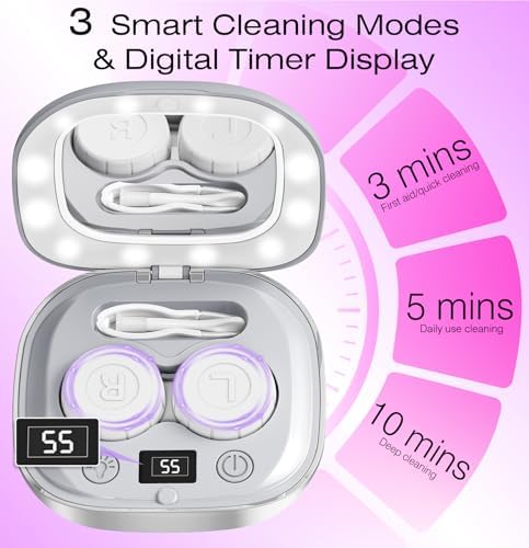 2026 New Ultrasonic Contact Lens Cleaner 52kHZ - Contact Lens Cleaner Machine with 3 Smart Modes & Lighted Makeup Mirror - Portable Soft Contact Lens Cleaning Machine Ideal for Home and Travel