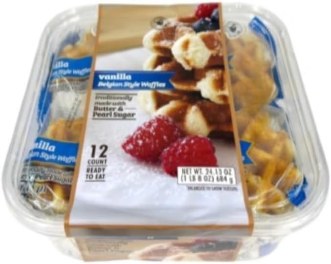Belgian Waffles - Individually Wrapped - Ready to Eat -12 Count, 24 Oz - Made with Butter and Pearl Sugar