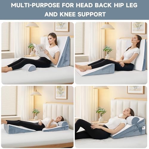Bed Wedge Pillow for Sleeping, 3 Pcs Adjustable Height 4.5&7.5&12 Inch Triangle Pillow Wedge for Post Surgery, Acid Reflux, Snoring, Legs Pain Relief (Gray)