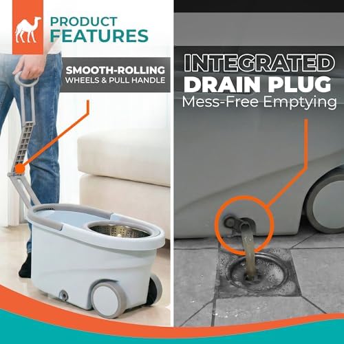 Grazie Spin Mop & Bucket Set - 360° Self-Wringing System with Wheels, Stainless Steel Handle - Hands-Free Floor Cleaning for Hardwood, Tile, Laminate - Includes 4 Washable Microfiber Mop Head Refills