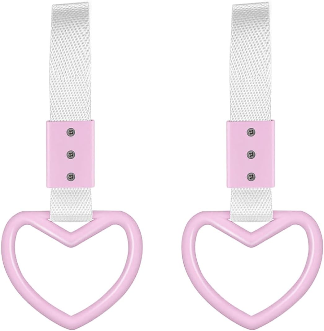 2PCS Heart-Shaped Car Handle Straps, Auto GRAP Handle Warning Pull Ring, Heart Decor for Car, SUV, Subway, Bus