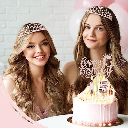 15th Birthday Decorations for Girls with 15th Birthday Crown and Sash, Cake Topper and Candles, Number Balloons, 3D Pop Up Greeting Card, 15 Year Old Gifts for Girls