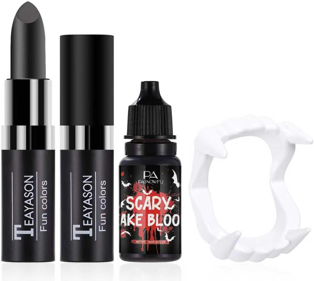 Vampire Makeup Set – Professional Fake Teeth Kit with Washable Fake Blood, Realistic vampire teeth, Black Lipstick, Halloween SFX Makeup Set for Vampire Costumes, Theatre,Cosplay