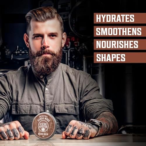 Viking Revolution Sandalwood Beard Balm - Beard Butter with Argan Oil, Beard Softener for Men with Jojoba Oil - Beard Moisturizer for Men with Beeswax - Beard Wax for Men (2oz, 1 Pack)