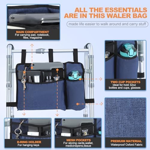Premium Walker Bag with Cup Holder, Large Capacity Walker Basket for Folding Walkers, Blue Waterproof Oxford Cloth Walker Storage Bags, Walker Accessories for Seniors Elderly, Handicap